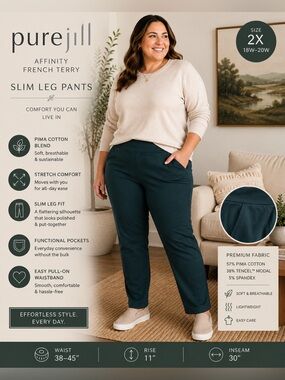 Pure Jill Affinity Slim Leg Pants 2X Dark Green Teal Pull On Stretch